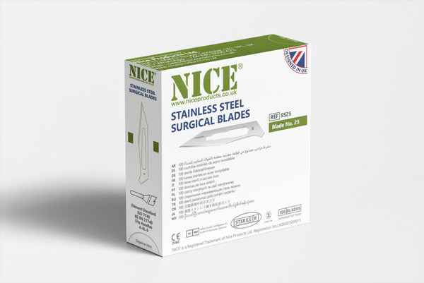 NICE No.25 Sterile Stainless Steel Surgical Blades SS25 (Box of 100)