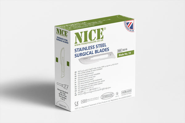 NICE No.19 Sterile Stainless Steel Surgical Blades SS19 (Box of 100)