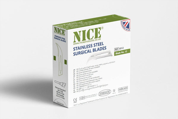 NICE No.12 Sterile Stainless Steel Surgical Blades SS12 (Box of 100) - HandyProducts.co.uk